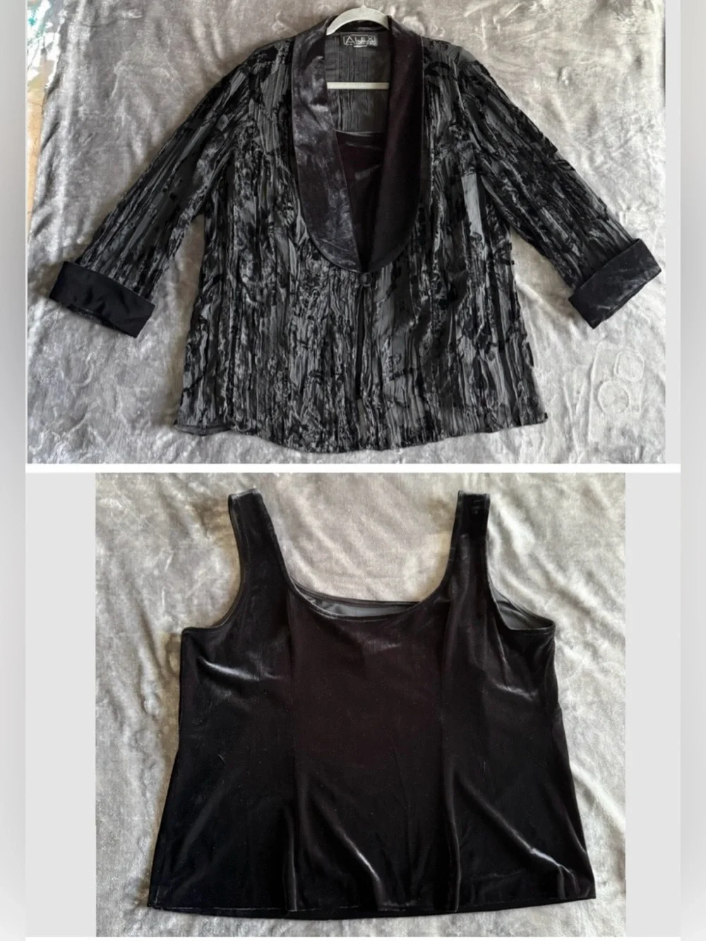 Alex Evenings 2 Piece Crushed Velvet Floral Crinkle Jacket Tank Top Set 1X Black